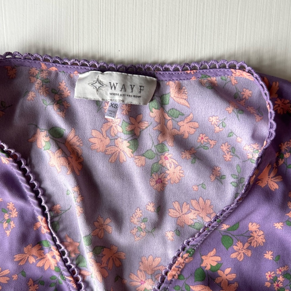 Wayf: Delancy Smocked Waist Lavender Floral Print Boho Mini Dress XS - Picture 4 of 8